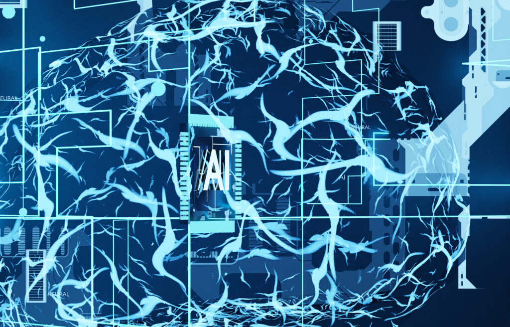 rtificial Intelligence enabling computers to replicate human brain functioning. Machine learning algorithms used to do computational operations based on data pattern recognition, 3D render animation 